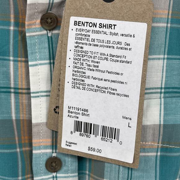PRANA Shirt Mens L Benton Plaid Button Up Camp Organic Cotton Blend Blue NEW - Picture 11 of 15